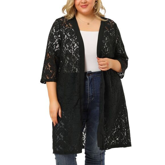 Plus Size Cardigans Women Lace Crochet 3/4 Sleeve Sheer Cover Up Jacket Black - Picture 2 of 6